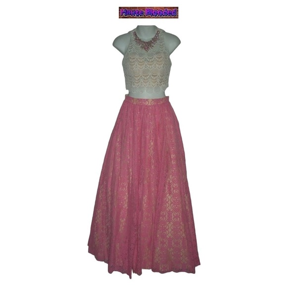 Studio 17 Dress Prom Crochet Crop Top Lace Tulle Skirt Pink Boho Carrie Bradshaw - Picture 2 of 15